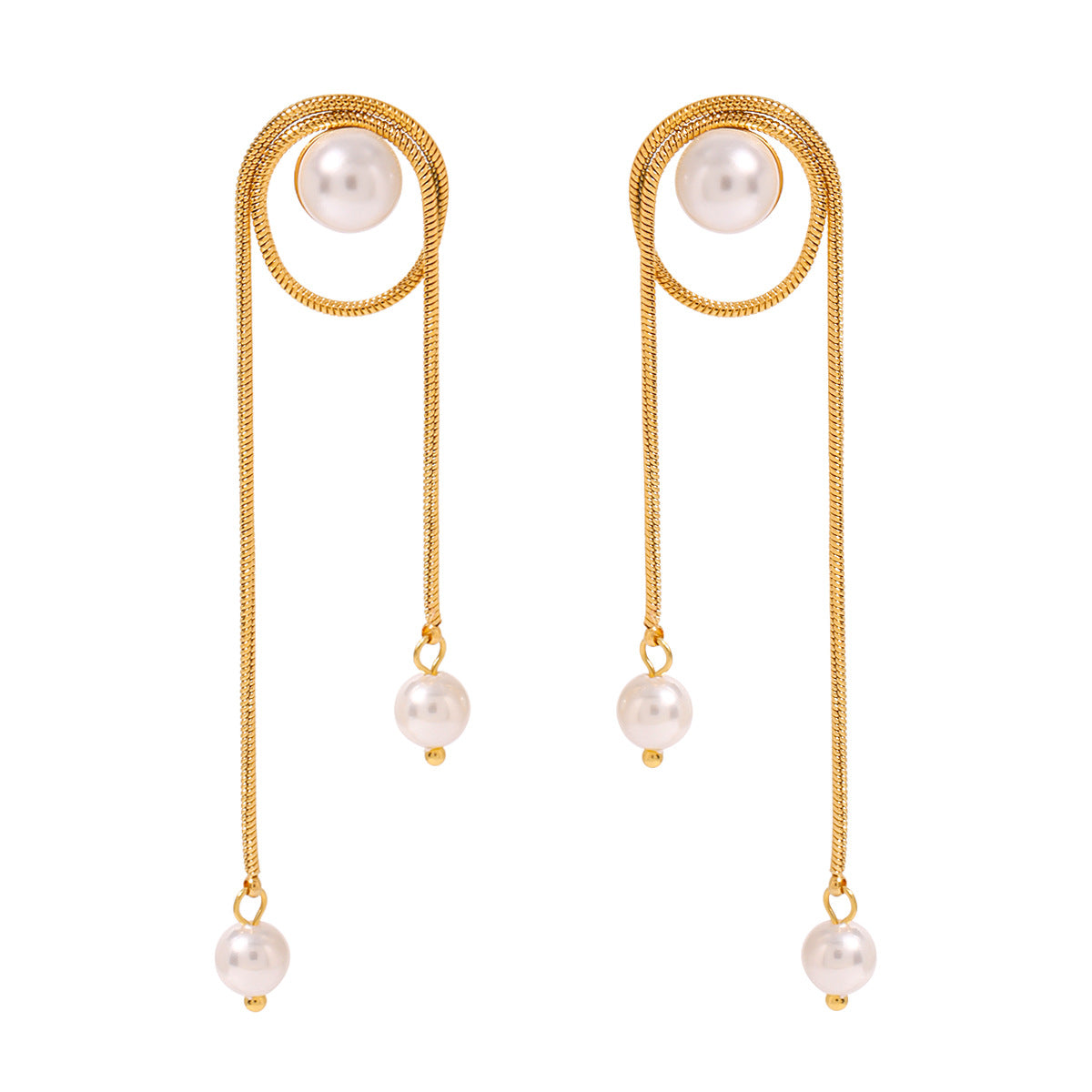 Pendientes colgantes de borla con perlas redondas geométricas de moda de acero inoxidable chapado en oro de 18 quilates para mujer