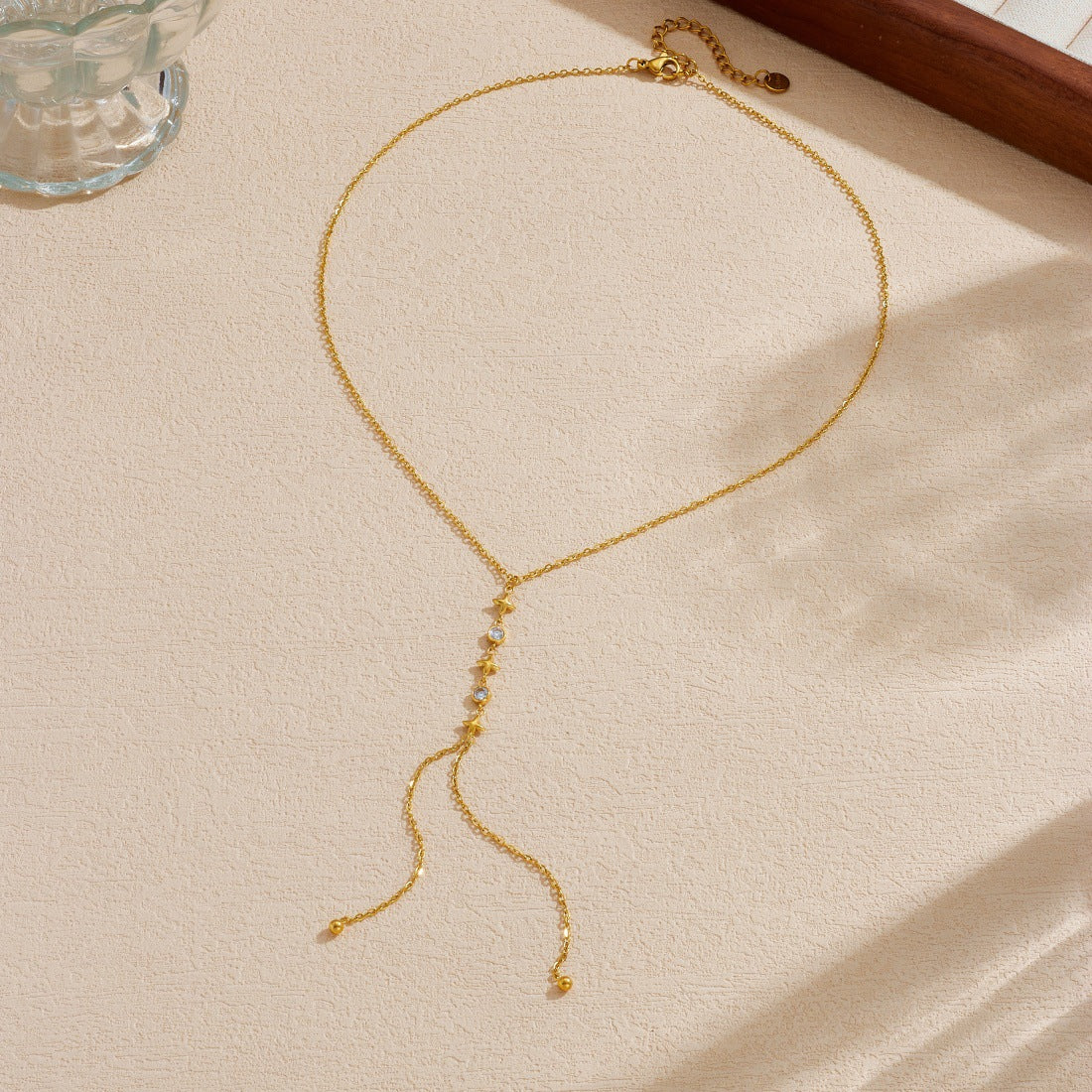 Minimalist Elegant Gold Plated Stainless Steel Star Rhinestone Tassel Y-Necklace for Women