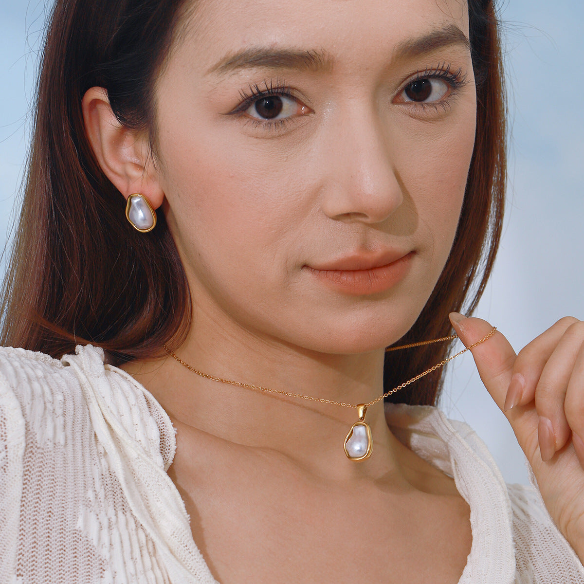 Elegant Pearl Inlay Plated Stainless Steel and Titanium Steel Jewelry Set for Women