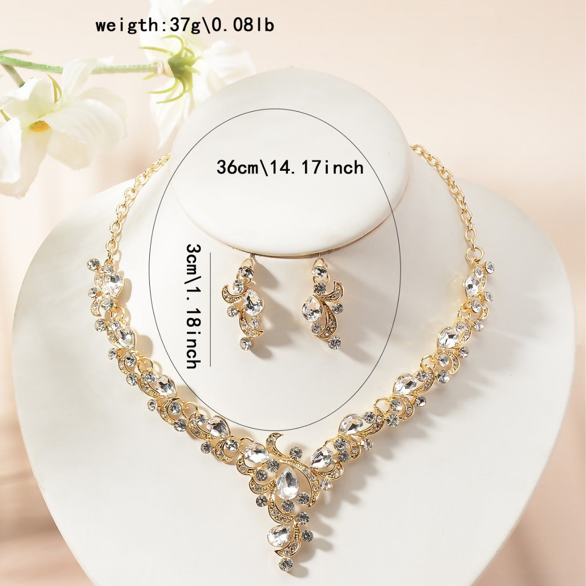 Elegant Rhinestone Floral Plated Necklace and Earrings Set for Women