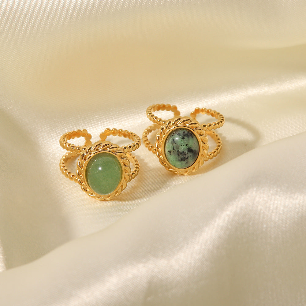 Anello da donna in acciaio inossidabile con motivo geometrico stile vintage e intarsi in pietra naturale, anello alla moda con fascia aperta regolabile