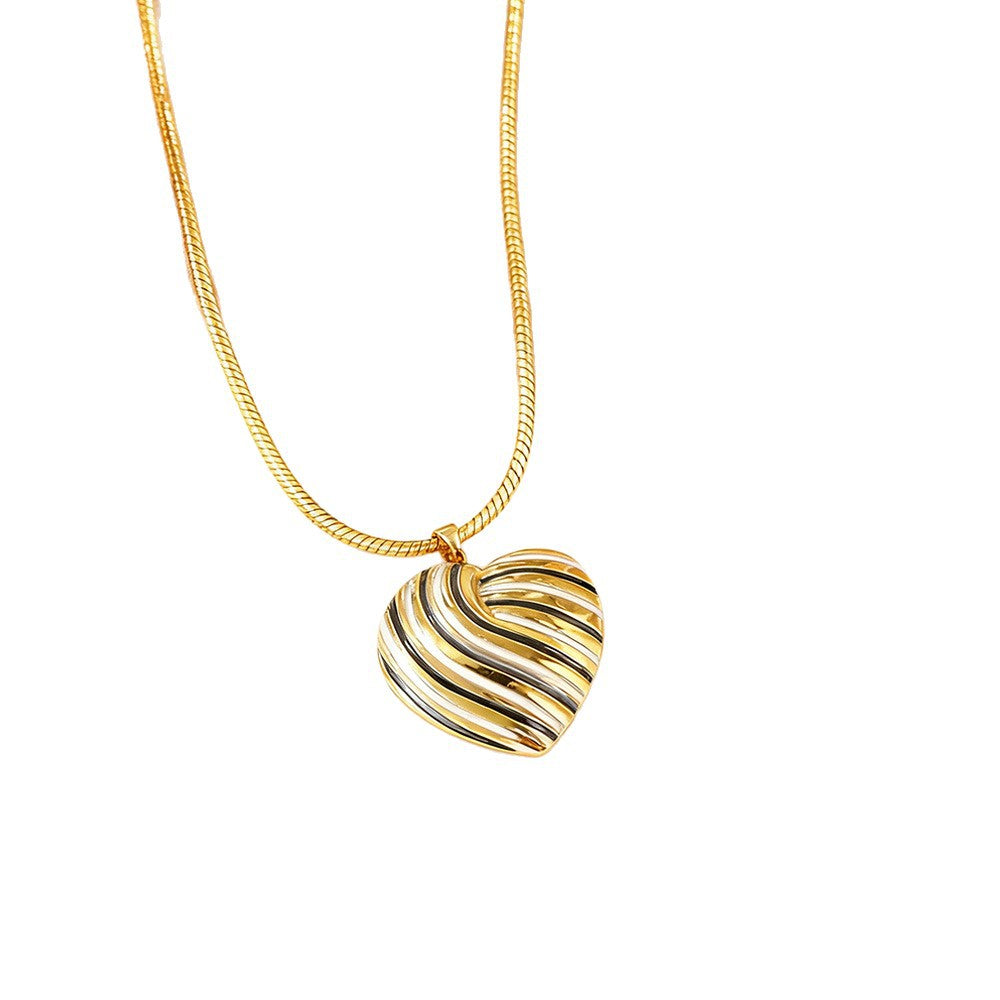Casual Striped Heart Drip Oil Plated Stainless Steel Necklace for Women