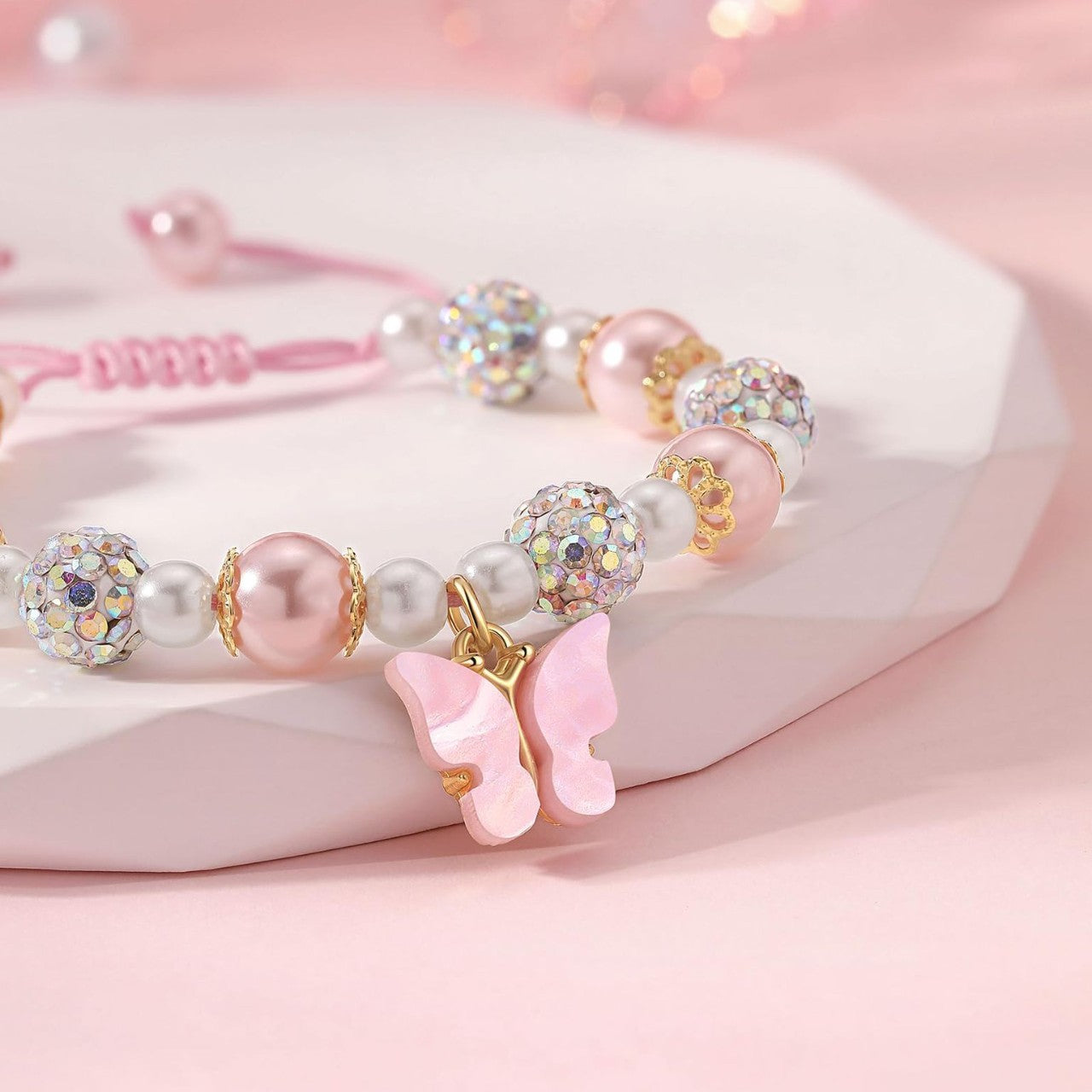 Sweet Pink Acrylic Butterfly Pendant Imitation Pearl Beaded Bracelet for Women
