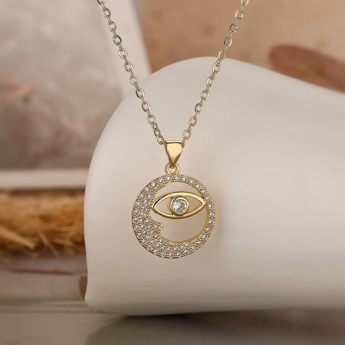 Minimalist Geometric Star Moon Eye Pendant Necklace for Women with Copper Base and 18K Gold Plating