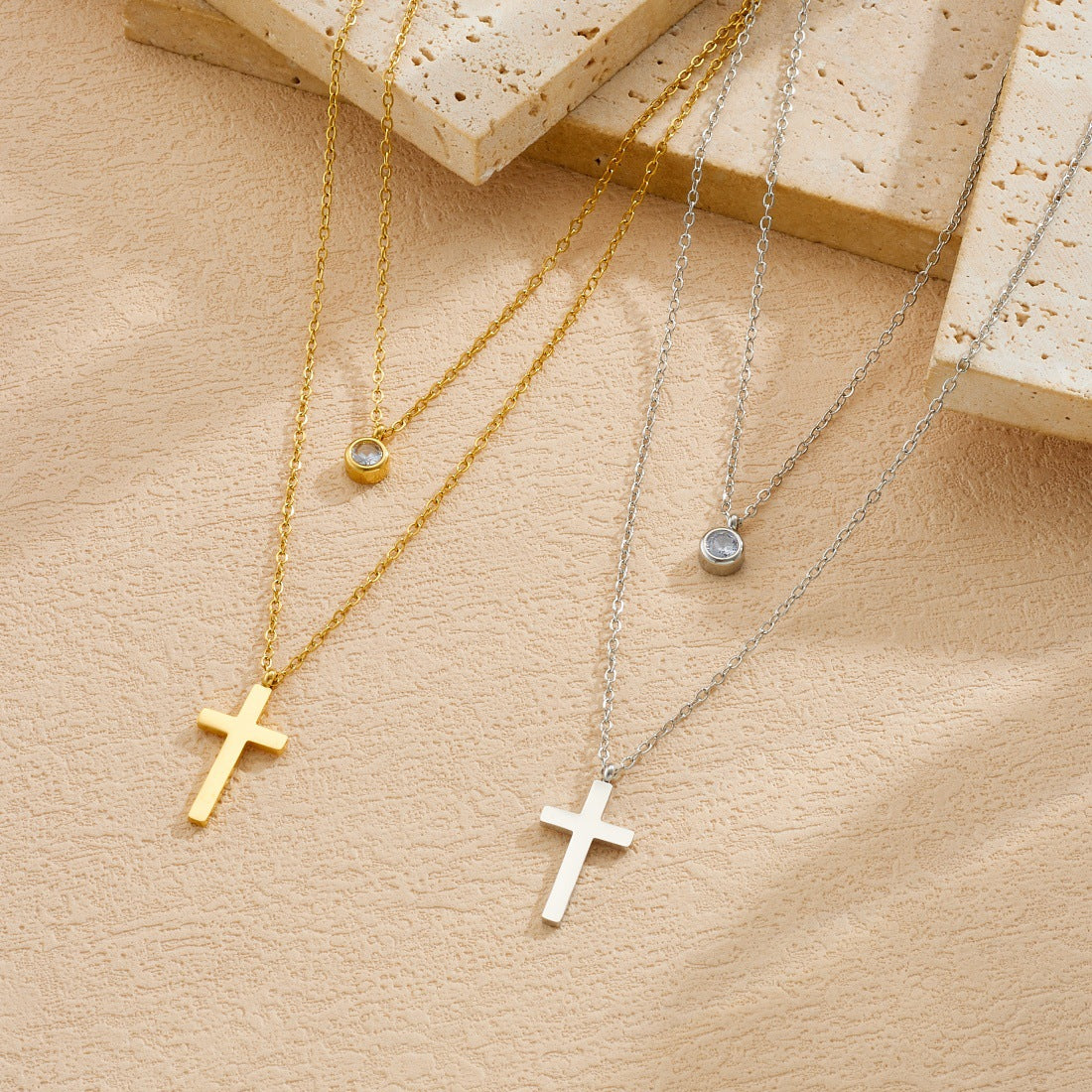 Streetwear Gold Plated Stainless Steel Round Rhinestone Cross Pendant Necklace