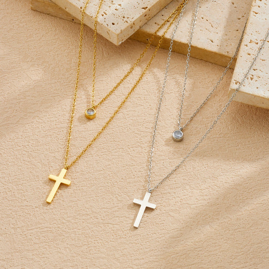 Streetwear Gold Plated Stainless Steel Round Rhinestone Cross Pendant Necklace