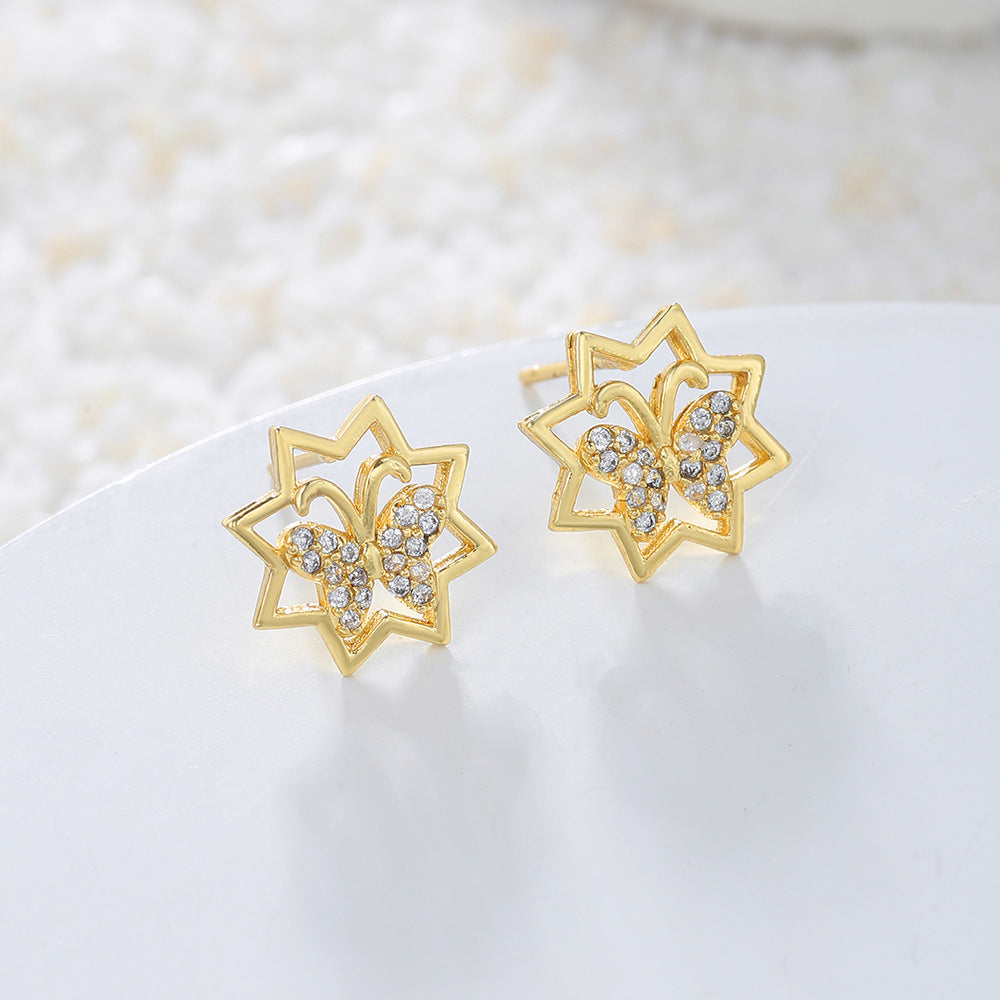 Minimalist Geometric Gold Plated Brass Stud Earrings with Micro-set Cubic Zirconia Smile Face