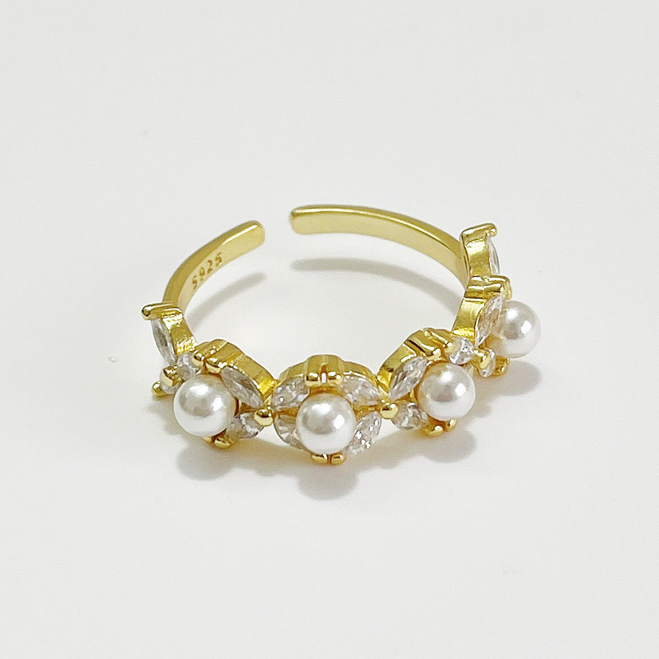 Minimalist 925 Sterling Silver Floral Inlaid Pearl Ring for Women