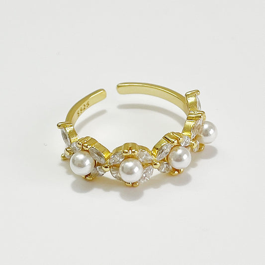 Anillo minimalista de plata de ley 925 con incrustaciones de perlas florales para mujer