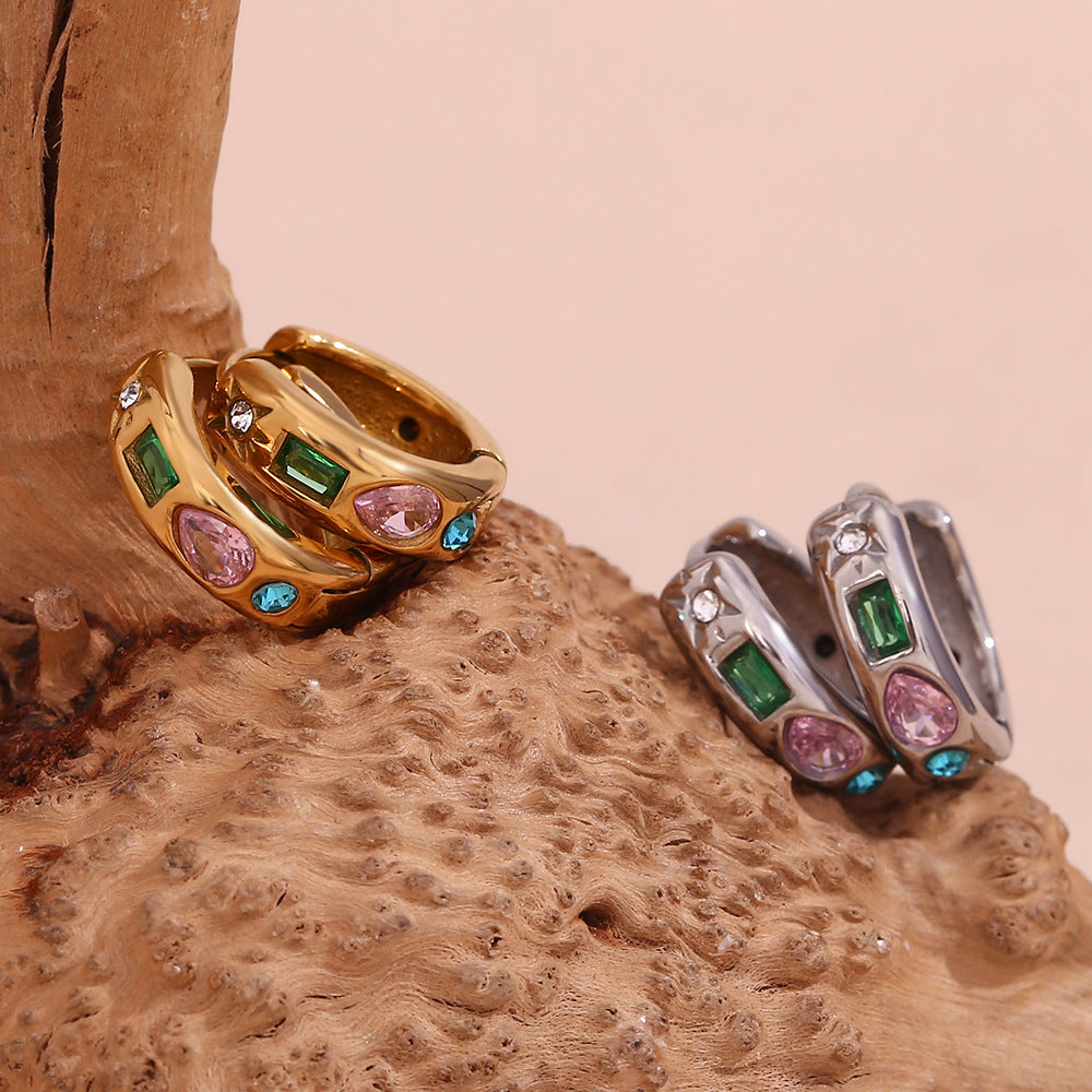 Orecchini geometrici in acciaio inossidabile placcati oro 18 carati con zirconi a goccia micro-incastonati da donna