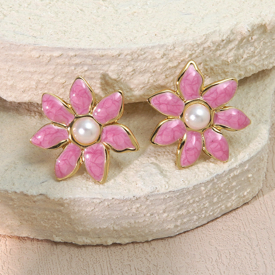 Vintage Elegant Drip Oil Floral Stainless Steel Pearl Stud Earrings