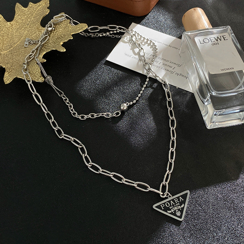 Gold Plated Titanium Steel Double Layer Necklace with Triangle Letter Pendant and Ball Detail