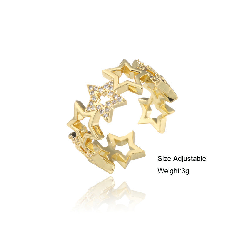 Gold Plated Brass Geometric Star Open Ring with Micro-Inlaid Cubic Zirconia for Women