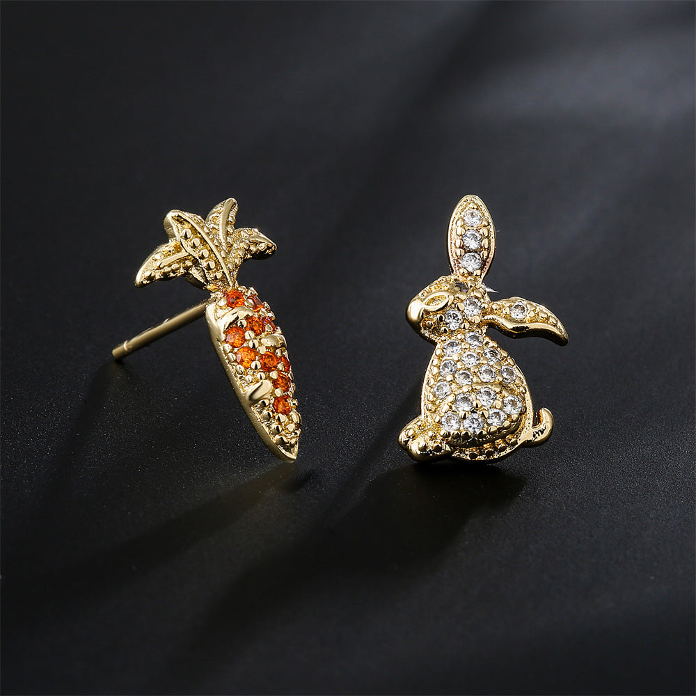 Cute Rabbit and Carrot Shape Stud Earrings in Copper with 18K Gold Plating and Zircon Inlay