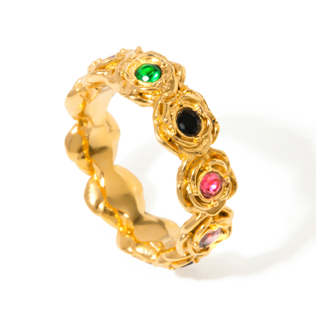 Vintage Elegant 18K Gold Plated Stainless Steel Round Rose Cubic Zirconia Ring for Women