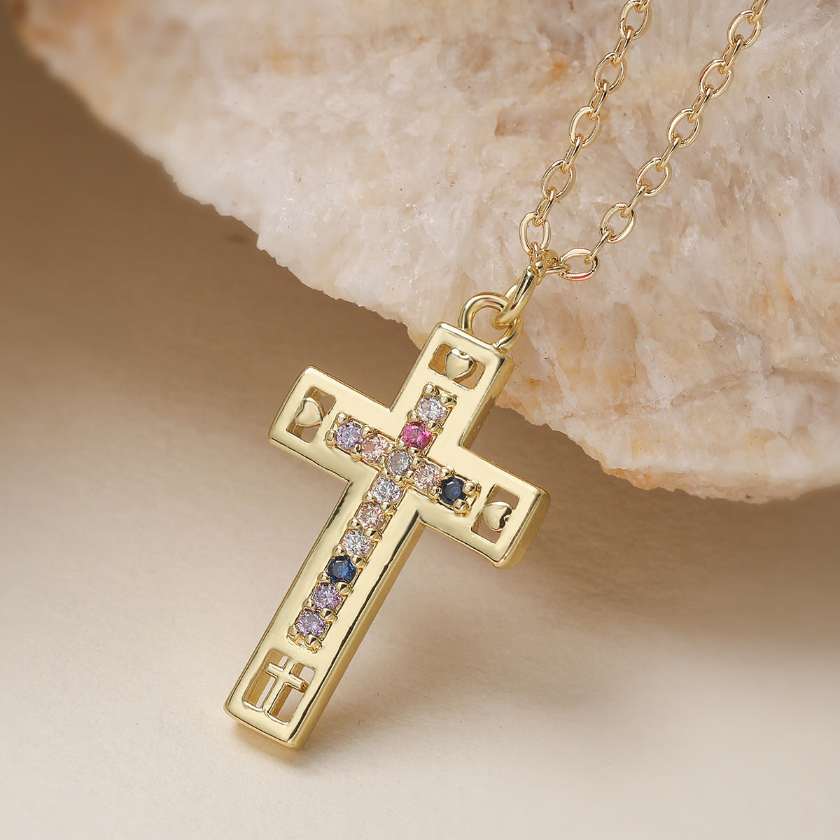 Minimalist 18K Gold Plated Brass Cross Necklace with Cubic Zirconia for Women