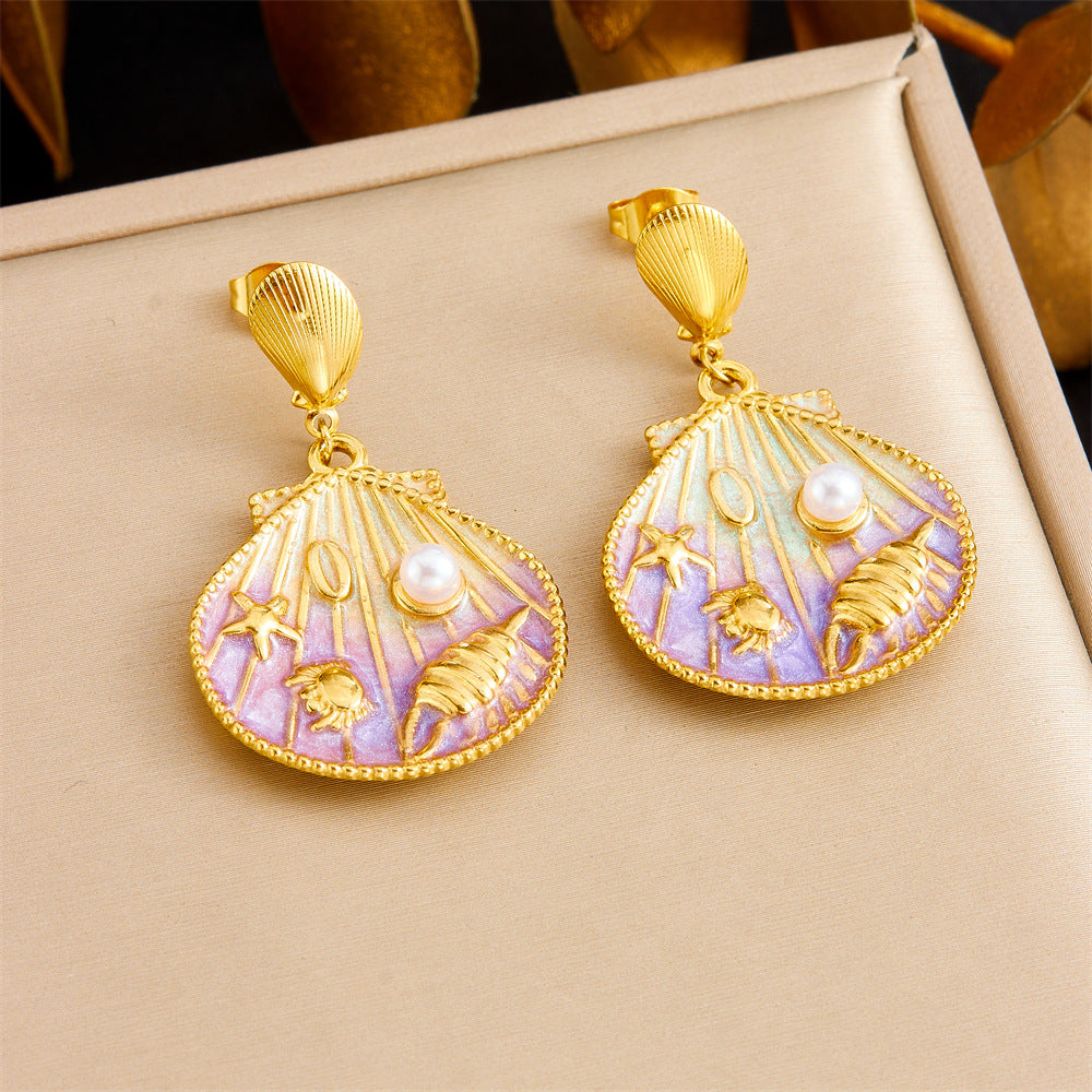 Pendientes de acero inoxidable para mujer con colgante de esmalte de vieira, estrella de mar y concha, con diseño de dibujos animados, bonitos, inspirados en el océano y con degradado.