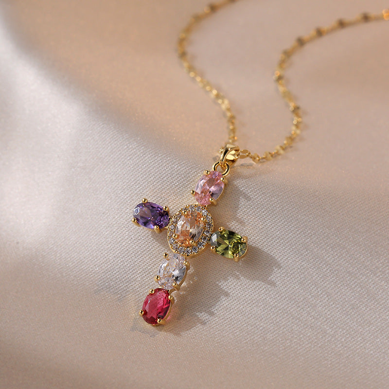 Vintage Sweet Cross Cubic Zirconia Inlay Titanium Steel Necklace for Women