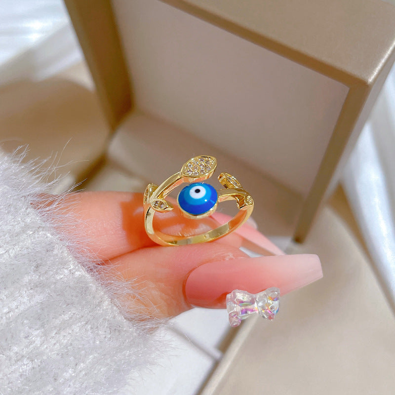Minimalist Gold-Plated Brass Ring with Leaf and Eye Design Featuring Zircon Inlay for Women