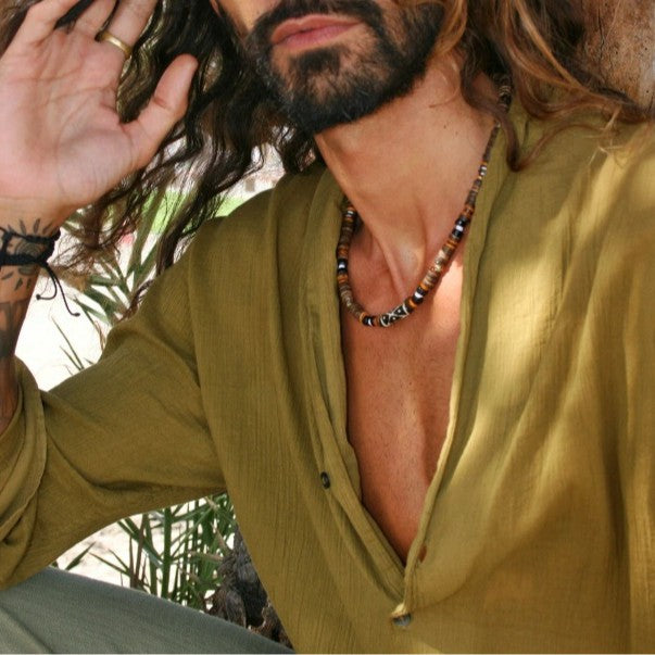 Vintage Geometric Round Stainless Steel Wood Bead Necklace Unisex Cable Chain