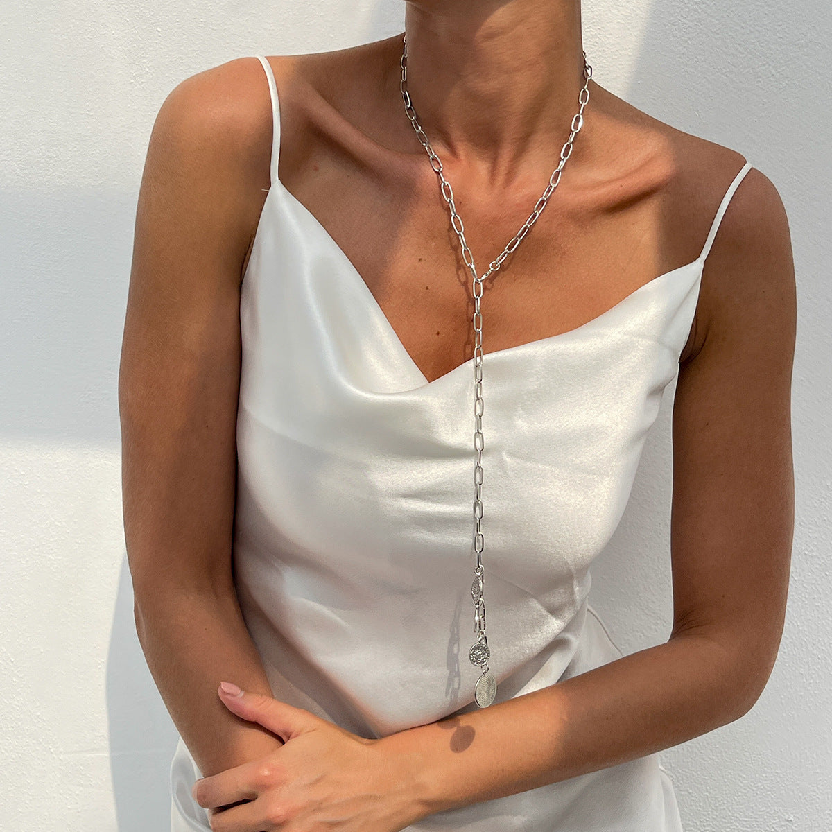 Geometric Alloy Plated Pendant with Tassel Curb Chain Necklace for Women