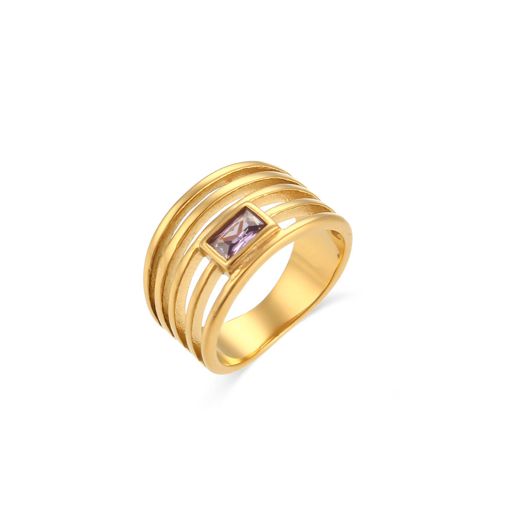 Minimalist Geometric Stainless Steel Ring with 18K Gold Plating and Hollow-Out Design Set with Zircon Inlays