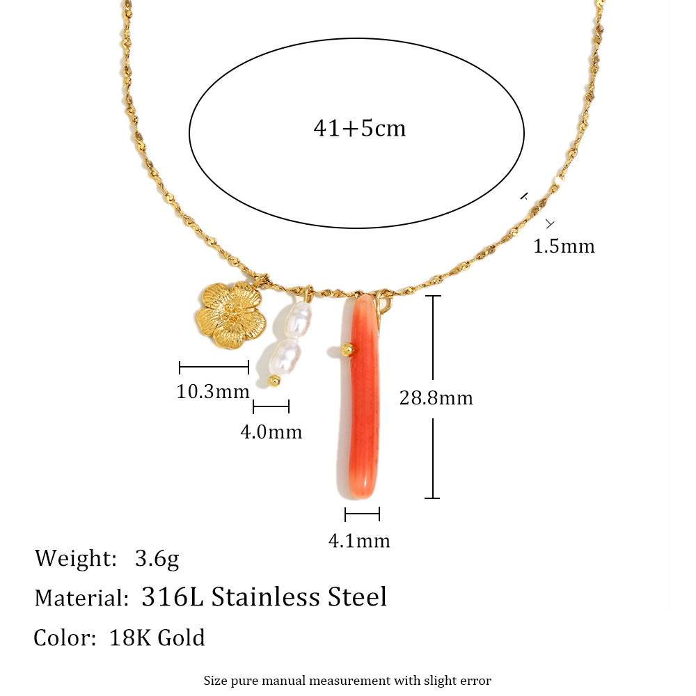 Set Collana con Ciondoli Floreali alla Moda da Donna con Catena in Acciaio Inossidabile e Ciondoli in Acciaio al Titanio Placcati Oro 18K