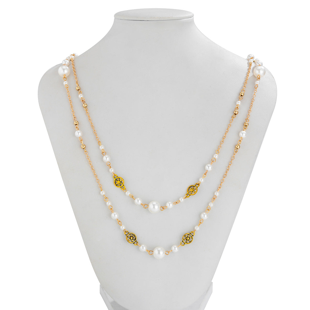 Vintage Star-Shaped Layered Long Necklace for Women with Imitation Pearls and Rhinestone Pendant on Snake Chain