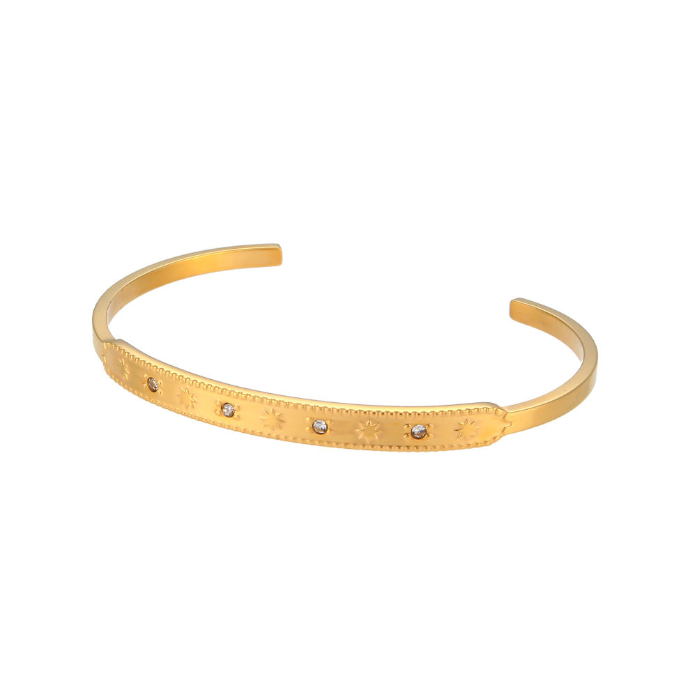 Bracciale minimalista da donna in acciaio al titanio con forma a ottagramma e intarsio in zircone rotondo, polsino in acciaio inossidabile elettroplaccato