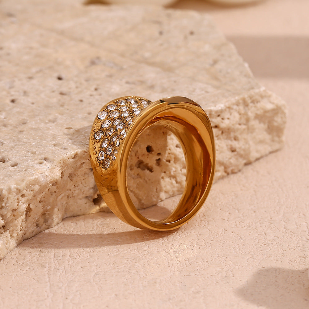 Minimalist Geometric Stainless Steel Plated 18K Gold Wide Concave Finger Ring with Micro-Pavé Rhinestones for Women