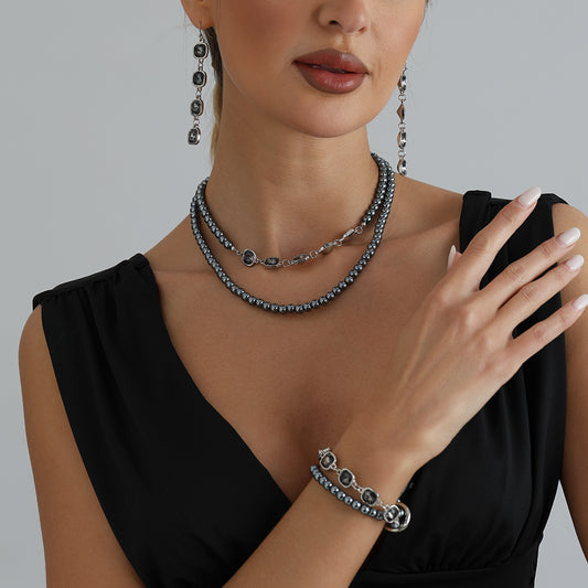 Streetwear Square Geometric Glass and Alloy Plated Layered Beaded Necklace for Women
