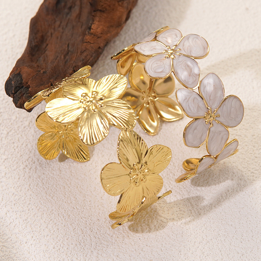 Minimalist Elegant Floral Drip Oil Stainless Steel Cuff Bracelet