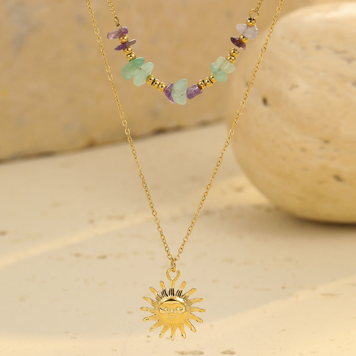 Minimalist Geometric Sun Pendant Necklace in Stainless Steel with Plated Finish for Women