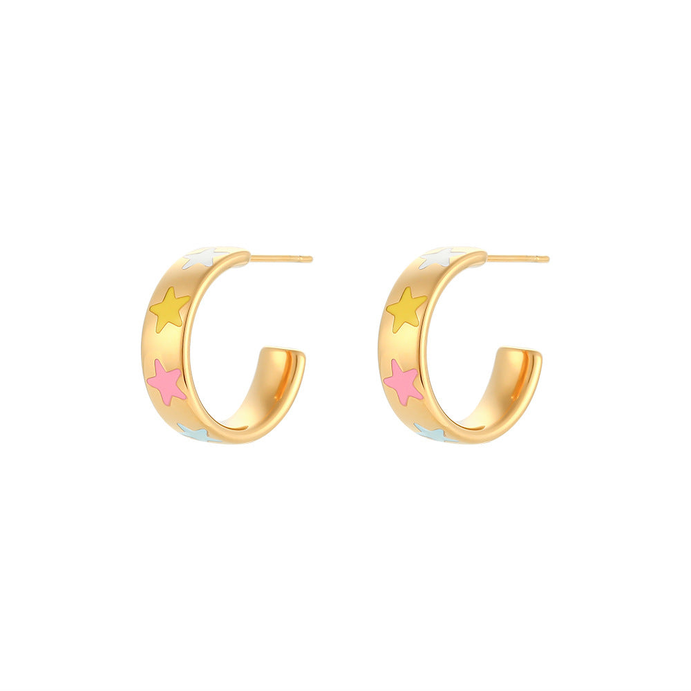 Orecchini Minimalisti a Faccina Sorridente in Acciaio Inox con Placcatura in Oro 18K e Cuore Smaltato