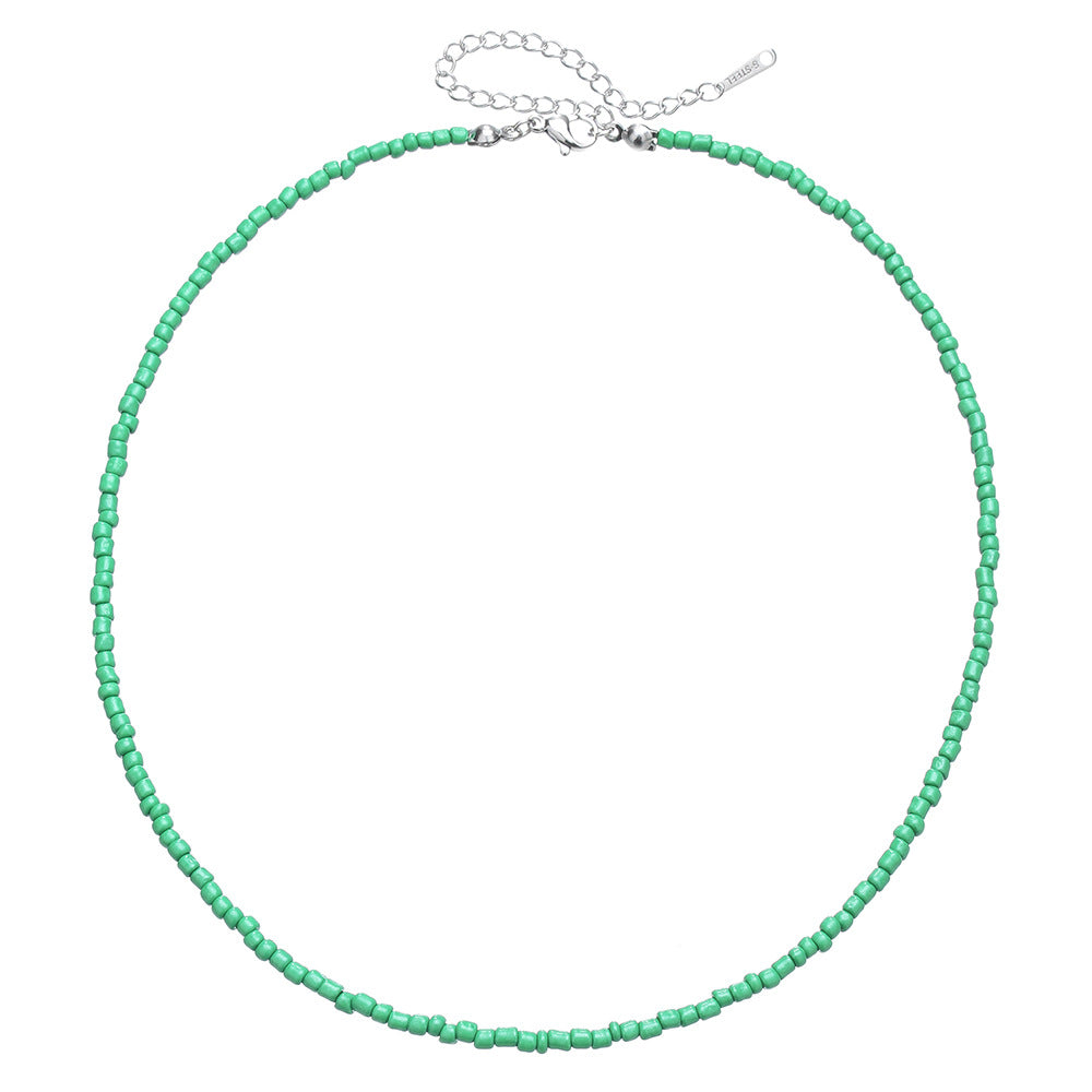 Bohemian Casual Geometric Round Glass Bead Stainless Steel Ball Chain Necklace for Women