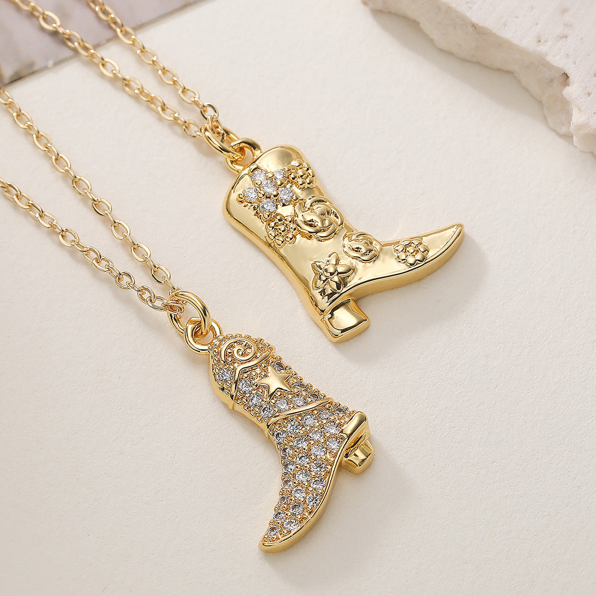 Vintage Minimalist Geometric Brass Gold Plated Cubic Zirconia Boot Pendant Necklace