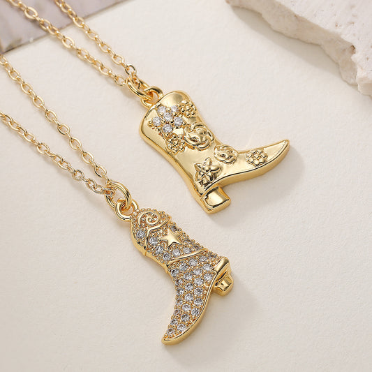 Vintage Minimalist Geometric Brass Gold Plated Cubic Zirconia Boot Pendant Necklace