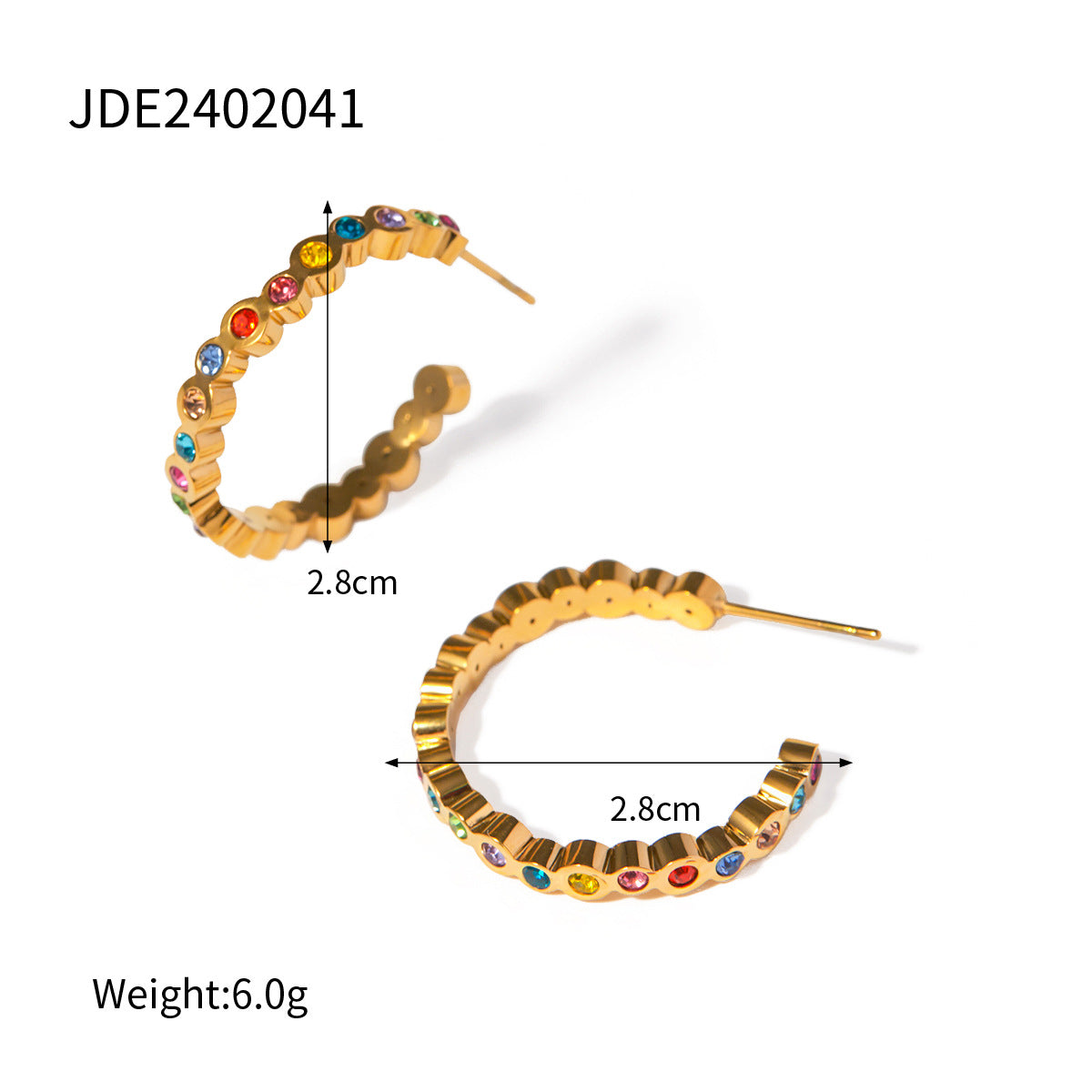 Minimalist Cold-Tone Stainless Steel Hoop Earrings with 18K Gold Plating and White Rhinestone Accent