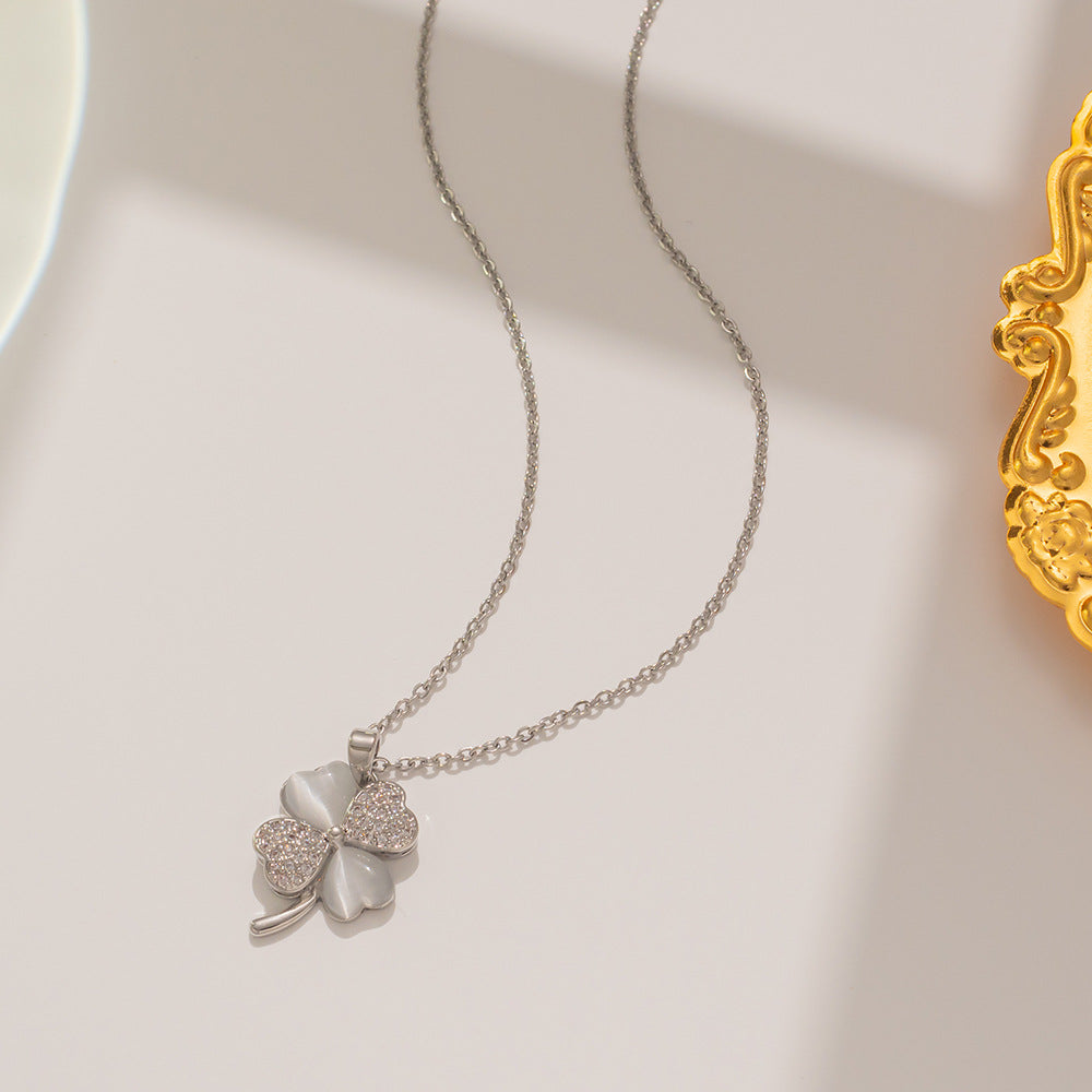 Minimalist Clover Pendant Necklace for Women in Titanium Steel with Rhinestone Inlay on O-Chain
