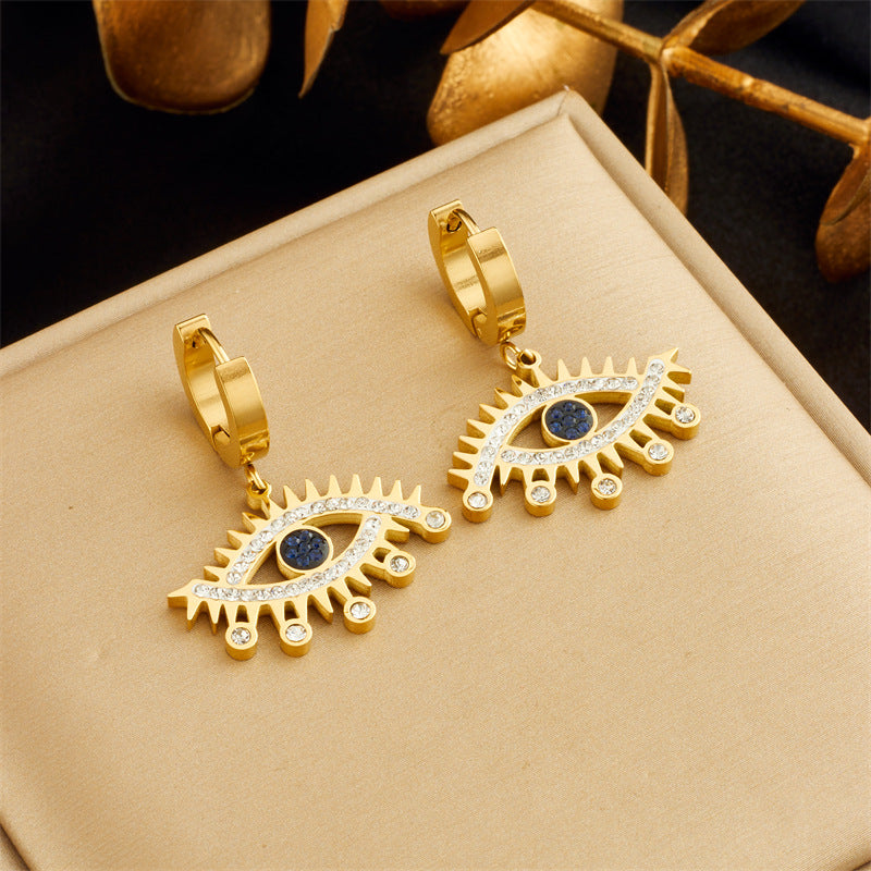 Fashionable Vintage Evil Eye Earrings with Rhinestone Inlay in Titanium Steel with Hollow Design for Women