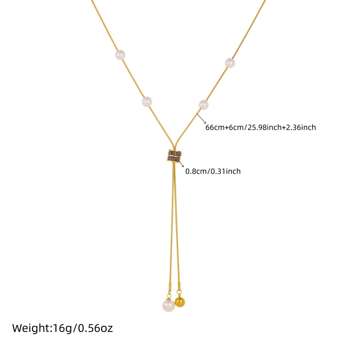 Gold Plated Stainless Steel Round Rhinestone and Imitation Pearl Pendant Snake Chain Necklace for Women