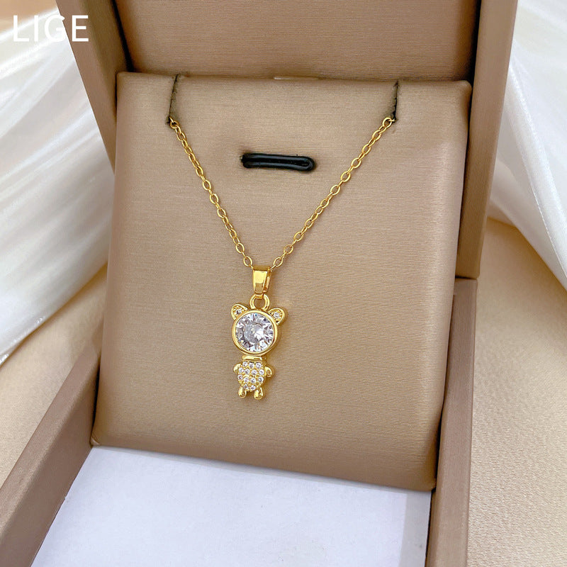Collana Pendente Orso Minimalista in Acciaio al Titanio con Intarsio di Strass per Donne e Uomini, Catena Locket Regolabile