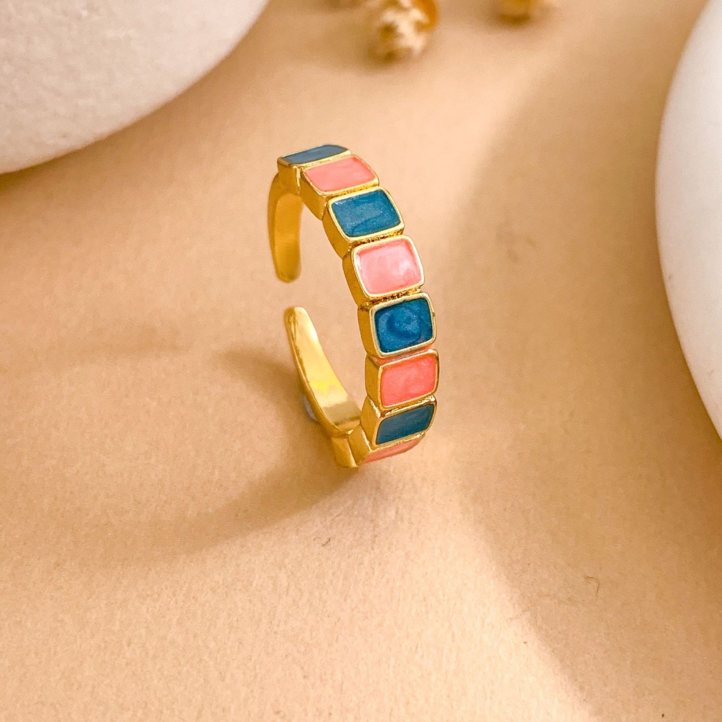 Minimalist Sweet Square Geometric Enamel Gold Plated Brass Ring for Women Adjustable