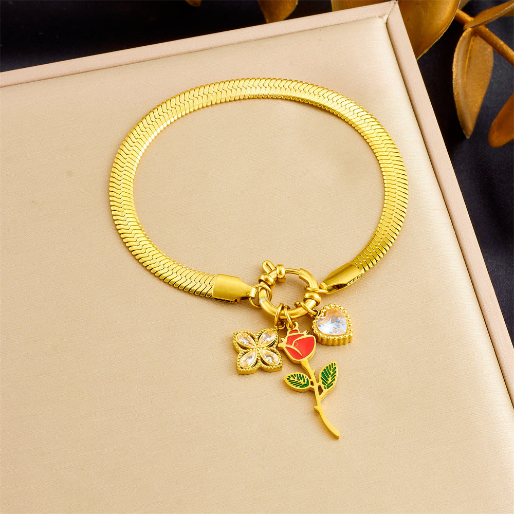 Fashionable Floral Rose Gold-Plated Stainless Steel Heart-Shaped Four-Petal Rose Pendant Snake Chain Bracelet for Women