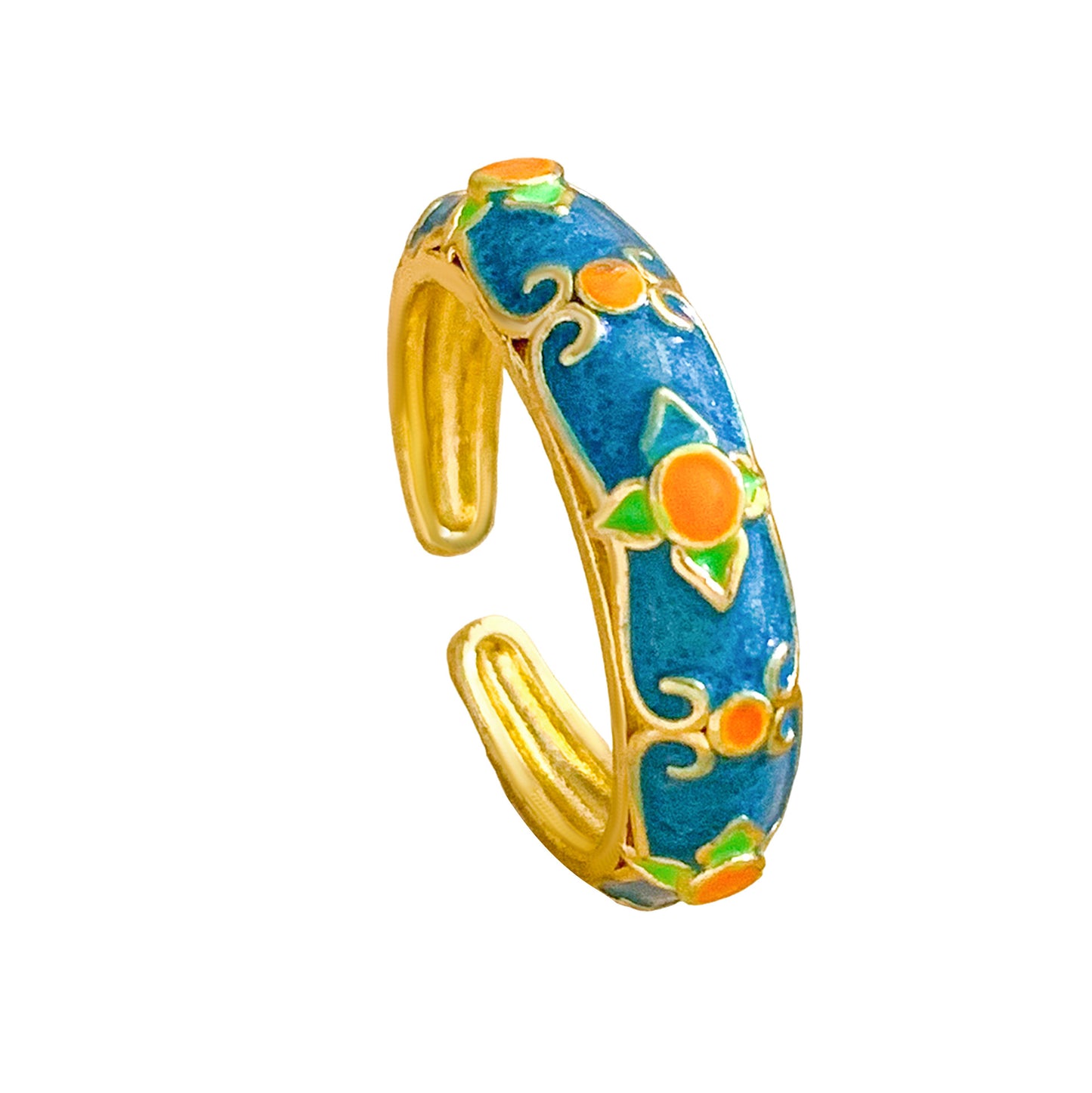 Sweet Vintage Enamel Floral Heart Gold Plated Brass Ring for Women