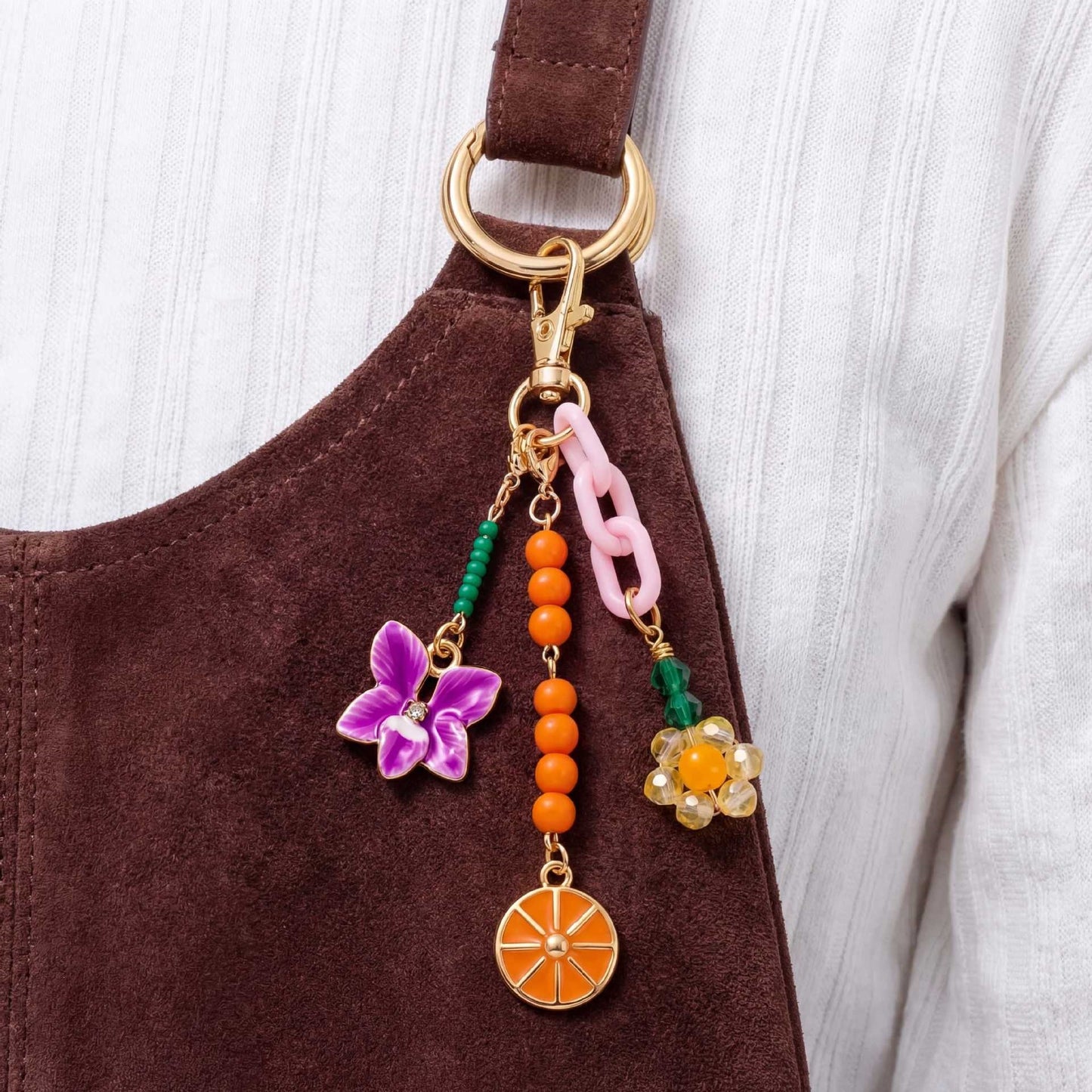Minimalist Sweet 18K Gold Plated Brass Floral DIY Charm Bar Bag Pendant Keychain