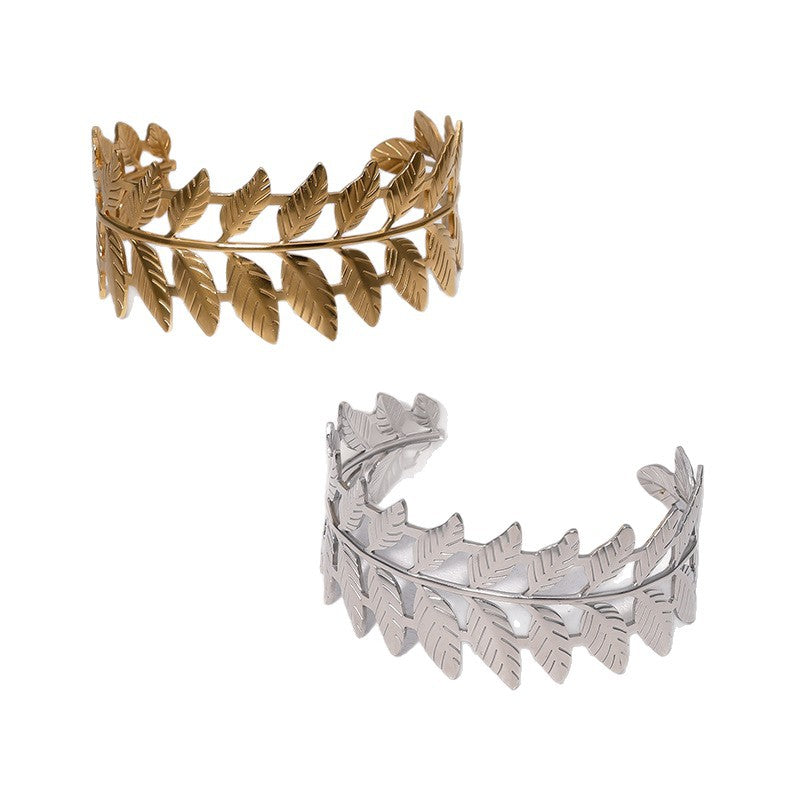 Bracciale da donna a foglia minimalista in acciaio inossidabile placcato oro 18 carati