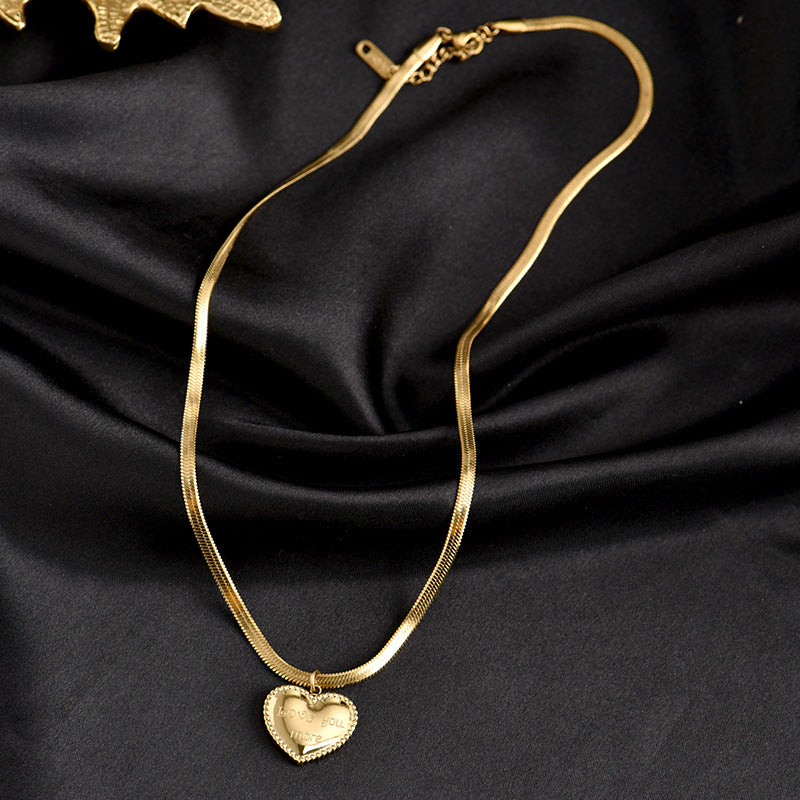 Minimalist Love Heart Pendant Necklace for Women in Titanium Steel with Gold Plating on Snake Chain