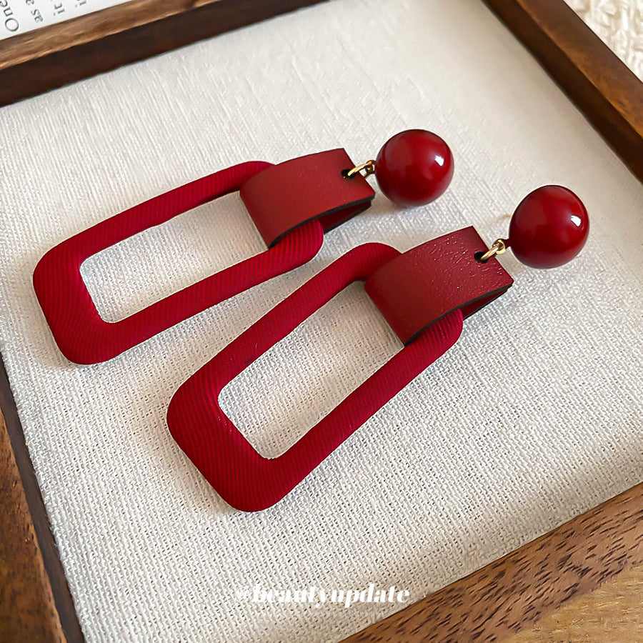 Orecchini a perno da donna in pelle floccata rossa geometrica con perni in acciaio inossidabile
