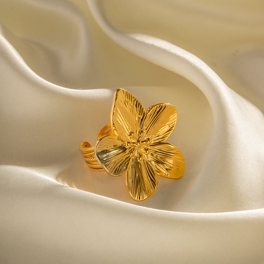 Anello Aperto Floreale Geometico in Acciaio Inossidabile Oro Opaco Stile Palazzo Francese Vintage
